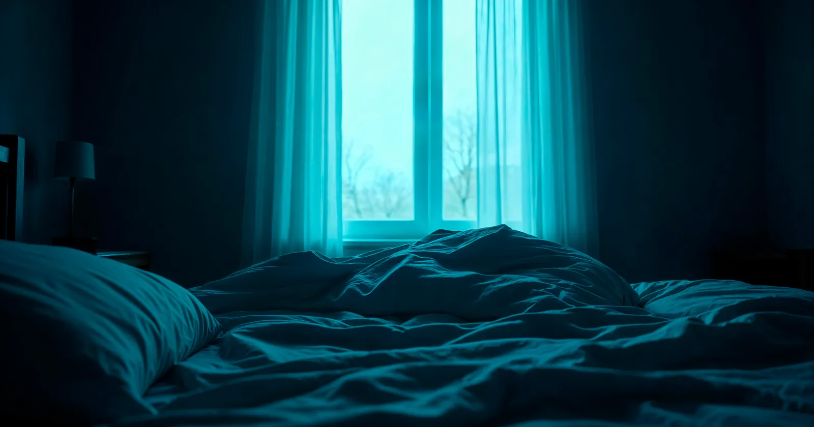 Chambre plongée dans la pénombre bleutée au petit matin, lit défait devant une fenêtre aux voilages clairs